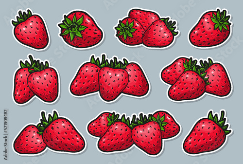 Ripe strawberry sticker set. Realistic whole red berries groups. Healthy sweet fresh fruit. Cartoon stickers with contour for card poster, embroidery patch, packaging tag, flyer emblem, scrapbooking