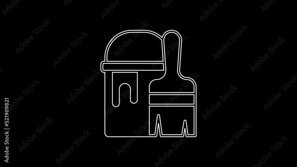White line Paint bucket with brush icon isolated on black background. 4K Video motion graphic animation White line Paint bucket with brush icon isolated on black background. 4K Video motion graphic animation