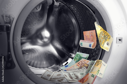 Photography Money laundering. Many euro banknotes in washing machine