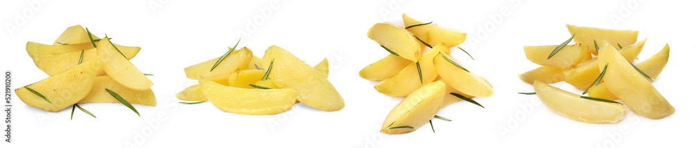 Set with delicious hot baked potatoes on white background. Banner design