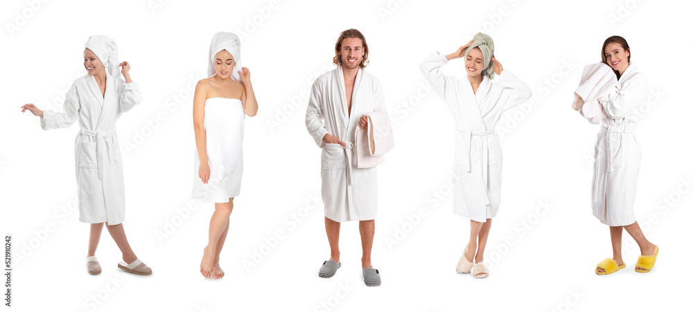 Fototapeta premium Collage with photos of people with soft towels on white background. Banner design