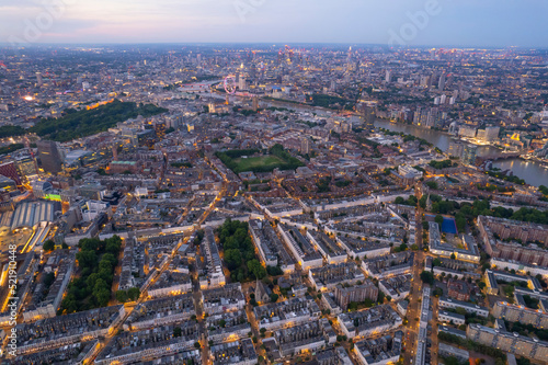 Aerial London, England, City Area Sunset up the Thames towards Big Ben