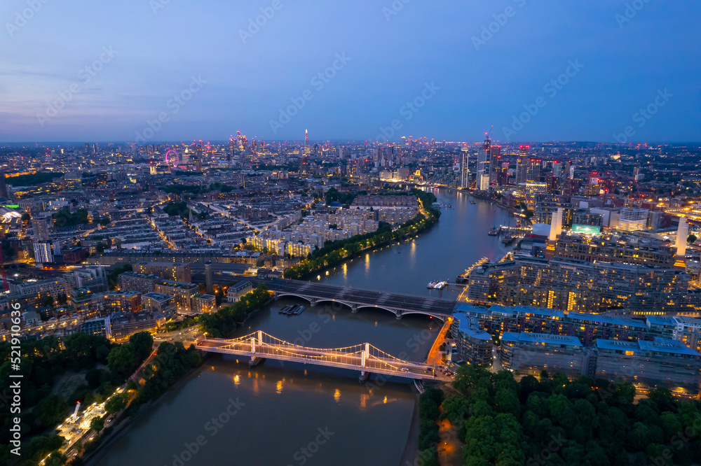Aerial London, England, City Area Sunset up the Thames towards Big Ben