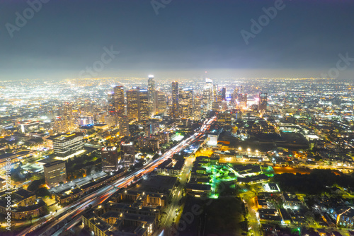 Downtown Los Angeles At Sunset DTLA Aerial View © Neil