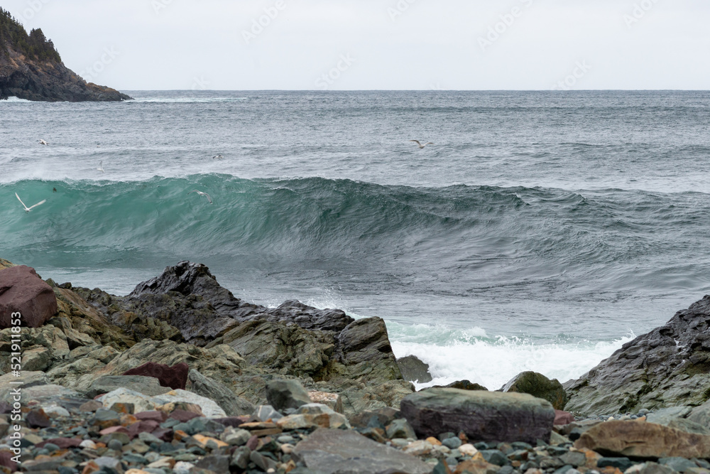 An angry teal green color massive rip curl of a wave as it barrels rolls along the ocean. The white mist and froth from the wave are foamy and fluffy. The ocean spray is coming off the top of the wave An angry teal green color massive rip curl of a wave as it barrels rolls along the ocean. The white mist and froth from the wave are foamy and fluffy. The ocean spray is coming off the top of the wave