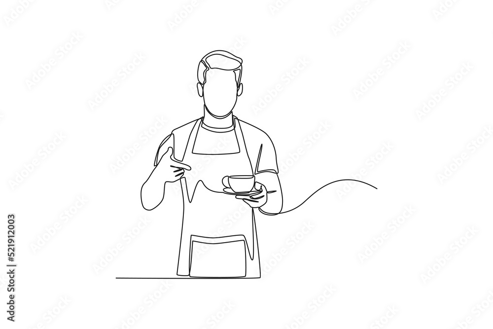 Continuous one line drawing Barista showing and holding cup of coffee or tea. International coffee day concept. Single line draw design vector graphic illustration. Continuous one line drawing Barista showing and holding cup of coffee or tea. International coffee day concept. Single line draw design vector graphic illustration.