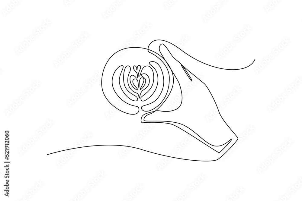 Continuous one line drawing hand of barista hold coffee latte art in ...