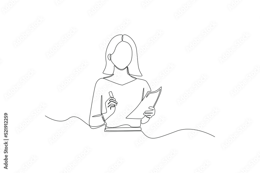 Single one line drawing Female teacher teaches using notes and pen in her hand. International teacher's day concept. Continuous line draw design graphic vector illustration.