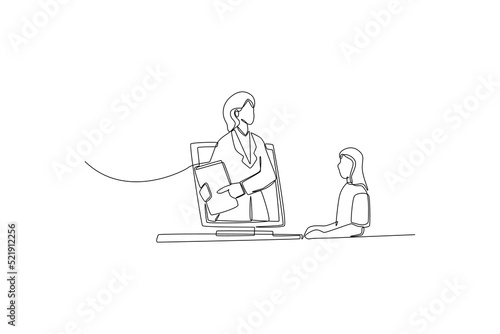 Single one line drawing Girl study on computer screen and the professor explained note on the video call. International teacher's day concept. Continuous line draw design graphic vector illustration.