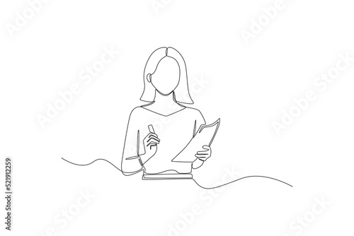 Single one line drawing Female teacher teaches using notes and pen in her hand. International teacher's day concept. Continuous line draw design graphic vector illustration.