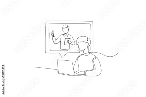 Single one line drawing Student boy learning with teacher via video call conference on laptop. International teacher's day concept. Continuous line draw design graphic vector illustration.
