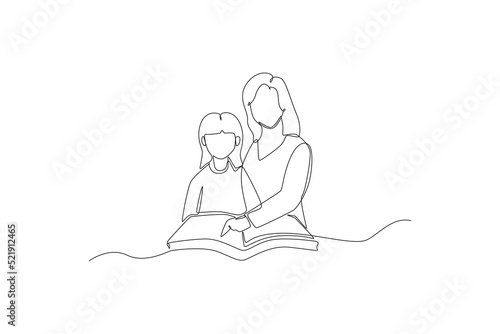 Single one line drawing female teacher teaching girl pupil reading book in classroom. International teacher's day concept. Continuous line draw design graphic vector illustration.