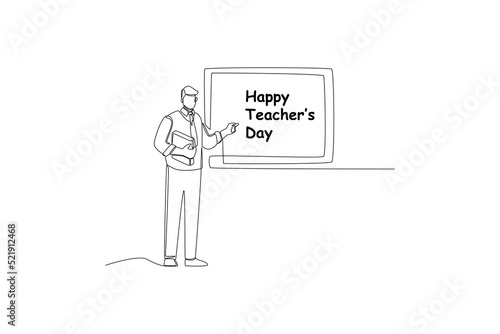 Single one line drawing male teacher standing At whiteboard teaching lesson. Suitable for greeting card. International teacher's day concept. Continuous line draw design graphic vector illustration.