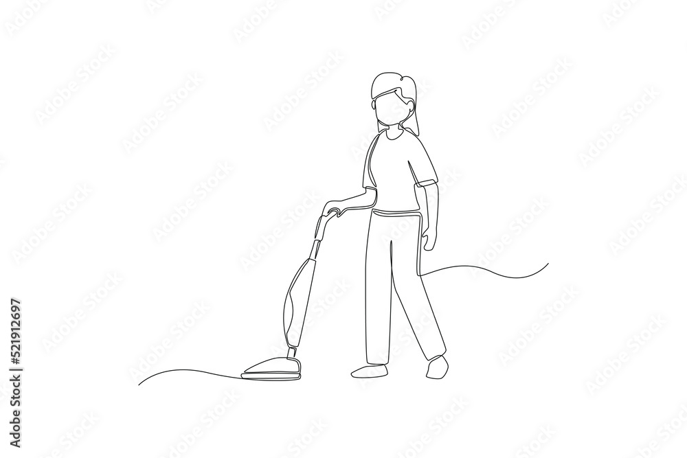 Continuous one line drawing Female janitor cleaning floor with vacuum cleaner in room. Office cleaning services concept. Single line draw design vector graphic illustration. Continuous one line drawing Female janitor cleaning floor with vacuum cleaner in room. Office cleaning services concept. Single line draw design vector graphic illustration.