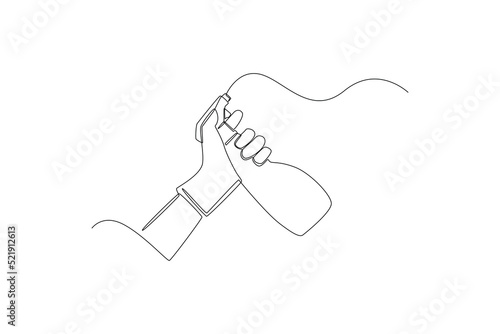Continuous one line drawing Man in gloves holds bottle of antiseptic spray. Office cleaning services concept. Single line draw design vector graphic illustration.