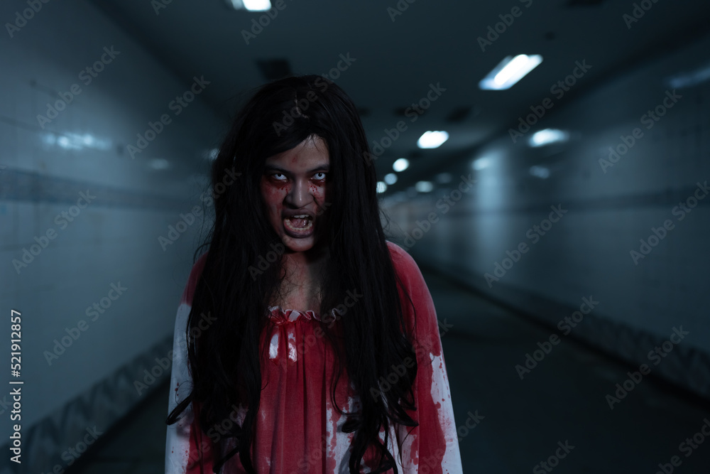 Girl ghost woman death with blood the horror is screaming darkness and nightmare dark background, Scary fear on hell is monster devil in halloween festival. Girl ghost woman death with blood the horror is screaming darkness and nightmare dark background, Scary fear on hell is monster devil in halloween festival.
