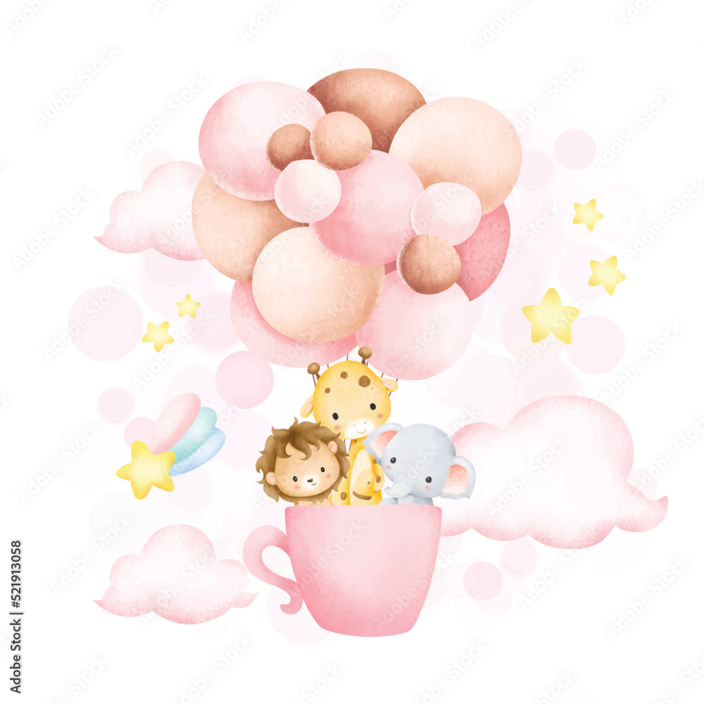 Watercolor Illustration cute safari animals in cup and balloons - obrazy, fototapety, plakaty 