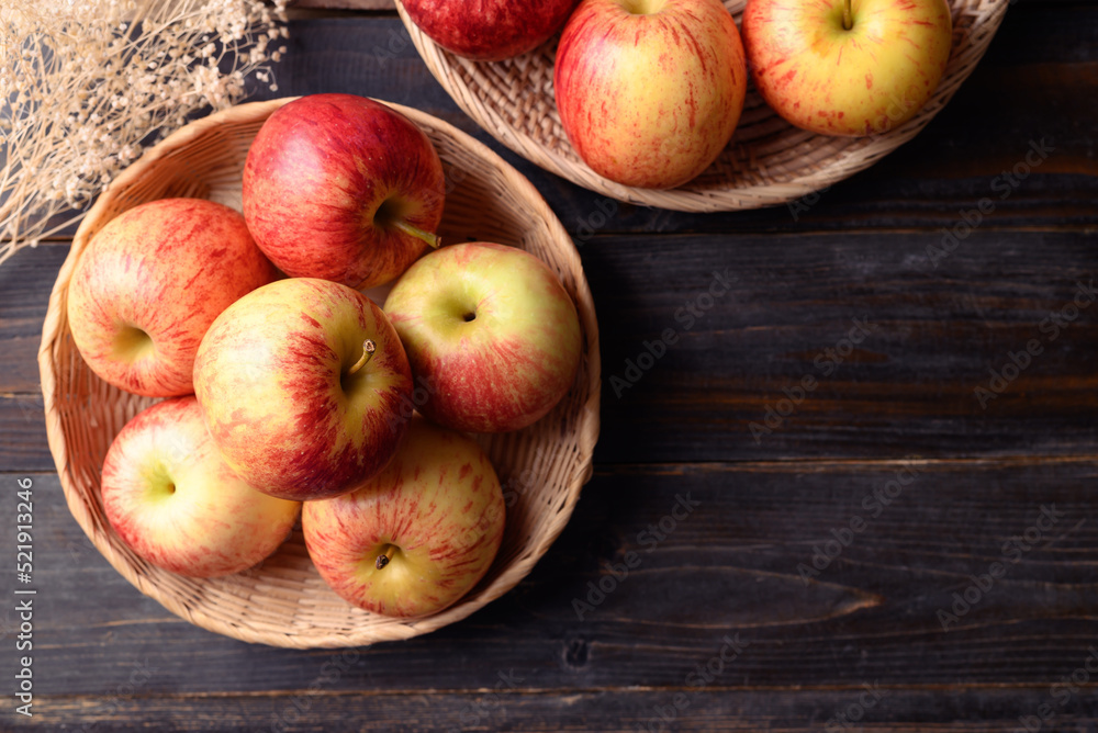 Red apple fruit on wooden background, Table top view Red apple fruit on wooden background, Table top view