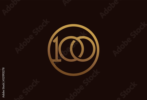 100 years anniversary logo, gold line circle with number inside, golden number design template, vector illustration