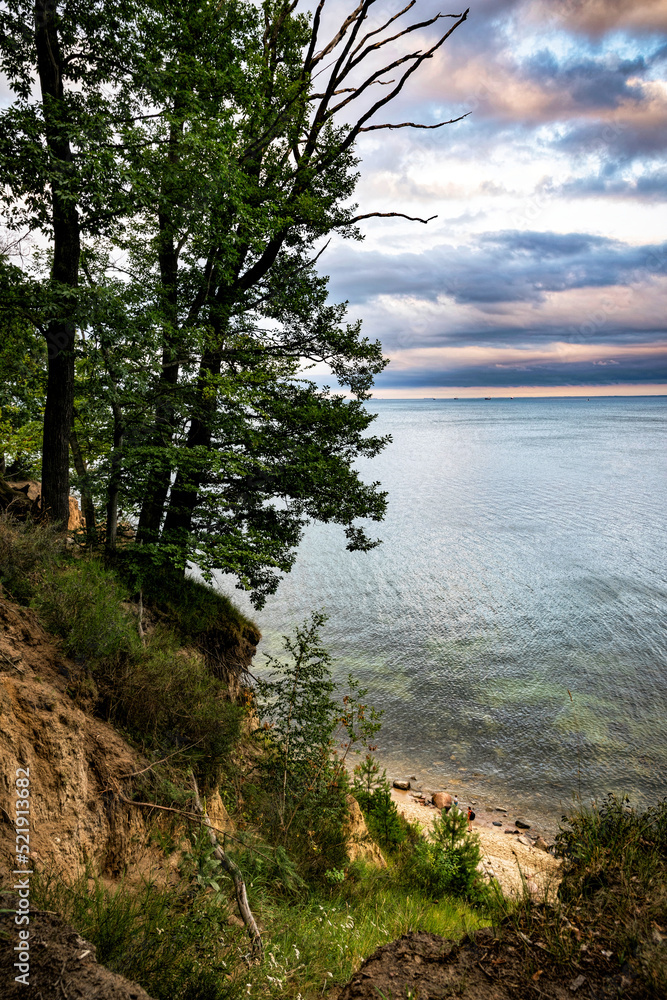 Orlowo cliff and sandy beach on the coast of the Baltic Sea in Gdynia	