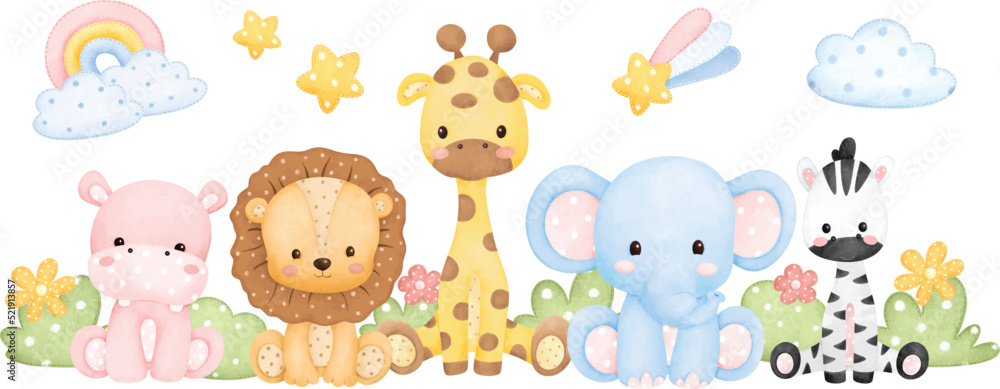 Watercolor Illustration Safari animals plush toys