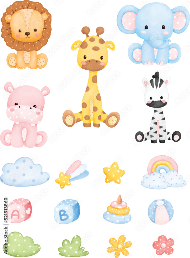 Watercolor illustration set og safari Animal Plush toys 