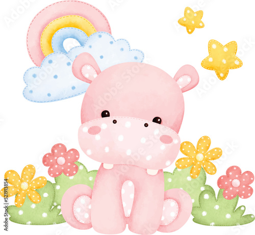 Watercolor Illustration hippo Safari animal plush toys