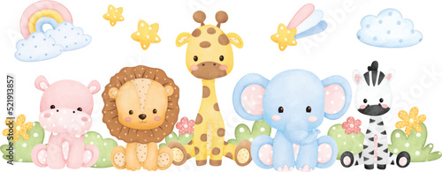Fototapeta Naklejka Na Ścianę i Meble -  Watercolor Illustration Safari animals plush toys