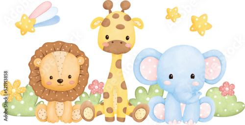 Watercolor Illustration Safari animals plush toys
