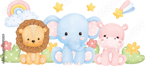 Watercolor Illustration Safari animals plush toys