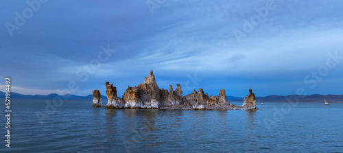 Tufa formations in Mono lake California during blue hour.
