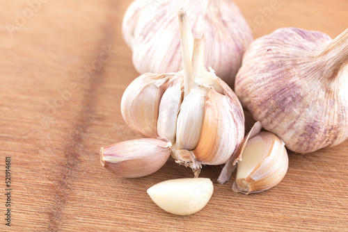 Fresh garlic still life on cutting board