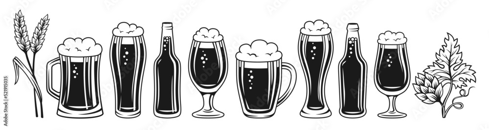 Beer bottle or glass, mugs retro engraved monochrome set. Brewery, bar, pub beer festival, vintage Oktoberfest engraving. Hop and wheat ear and lager ale. Design poster, menu, invitation party vector Beer bottle or glass, mugs retro engraved monochrome set. Brewery, bar, pub beer festival, vintage Oktoberfest engraving. Hop and wheat ear and lager ale. Design poster, menu, invitation party vector