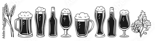 Beer bottle or glass, mugs retro engraved monochrome set. Brewery, bar, pub beer festival, vintage Oktoberfest engraving. Hop and wheat ear and lager ale. Design poster, menu, invitation party vector