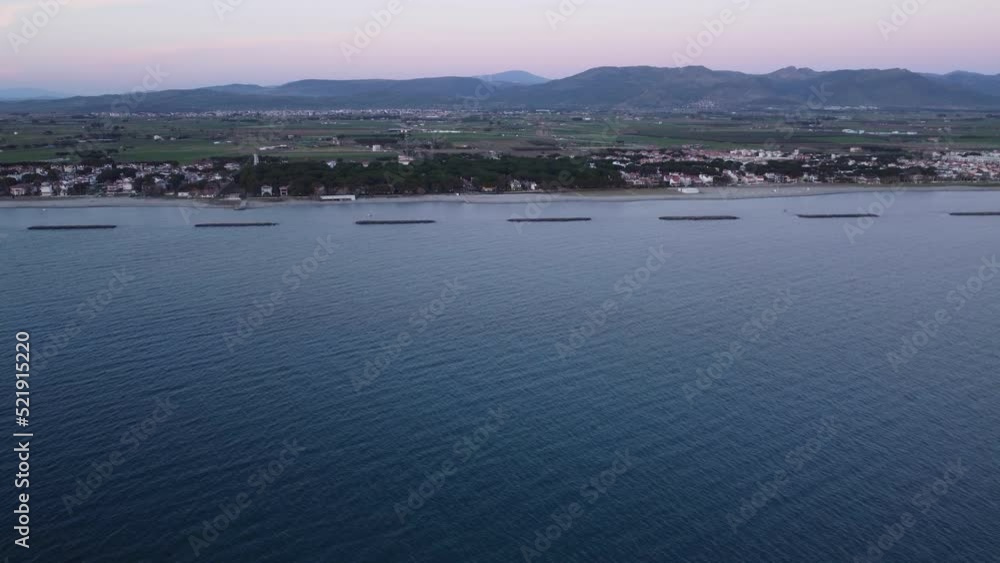Balikesir, Turkey - April 8, 2022: Aerial view of Altinova coast with breakwaters at Ayvalik Balikesir Turkey Balikesir, Turkey - April 8, 2022: Aerial view of Altinova coast with breakwaters at Ayvalik Balikesir Turkey