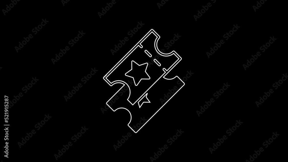 White line Cinema ticket icon isolated on black background. 4K Video motion graphic animation White line Cinema ticket icon isolated on black background. 4K Video motion graphic animation