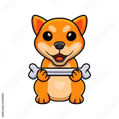 Cute shiba inu dog cartoon holding a bone