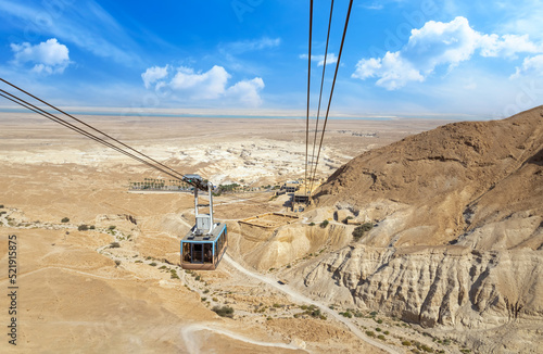 Israel panoramic views from the funicular cable car to Negev Masada Fortress in National Park.