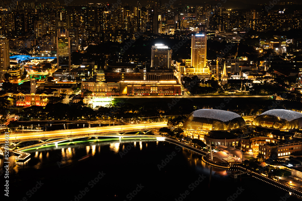 Singapore city skyline with modern skyscraper architecture building for concept of financial business and travel in Asia cityscape urban landmark, marina bay at night district dusk sky