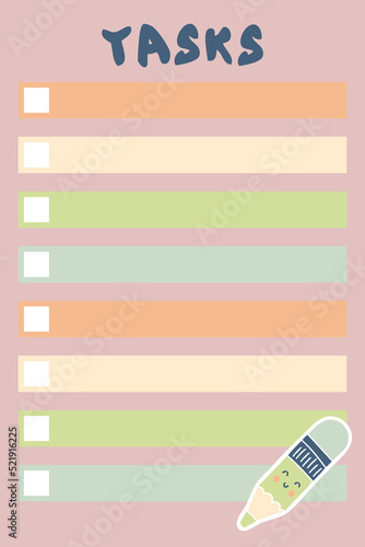 School tasks checklist template with cute pencil. Education panner concept for paper, stationery. Schooling theme vector illustration for decor and design.