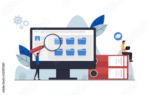 Employees searching and indexing file documents. File manager and data storage concept illustration.