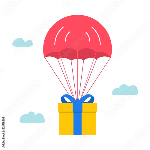 Gift box dropped with parachute flying on the sky vector illustration flat graphic design