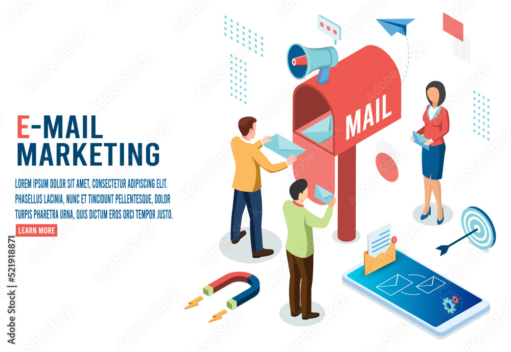 3D isometric E-mail marketing concept with email inbox electronic communication, marketing research, e-mailing notification. Vector illustration eps10