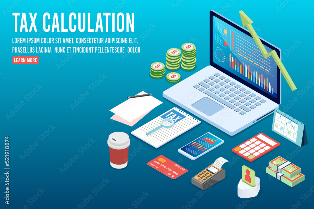 3D isometric Tax calcultion concept with State Government taxation, calculation of tax return, Financial Tax Report. Vector illustration eps10 3D isometric Tax calcultion concept with State Government taxation, calculation of tax return, Financial Tax Report. Vector illustration eps10