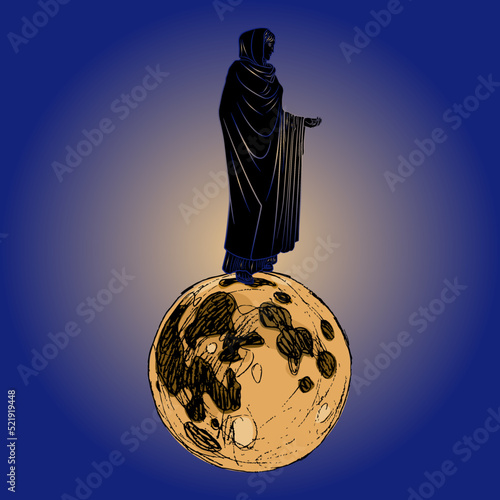 Mysterious woman in long veil standing on full moon in shining halo. Ancient Greek goddess Selene or Nyx. Creative concept. Female archetype.