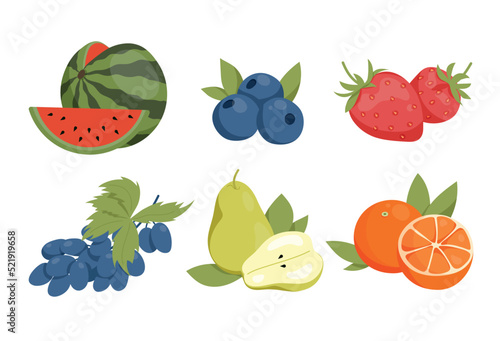 Fresh fruit collection. Set of natural and organic products, agriculture and farming. Watermelon, pear, orange, strawberry and blueberry. Cartoon flat vector illustrations isolated on white background