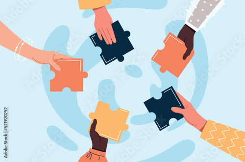 Hands holding puzzle piece. Metaphor of teamwork, partnership and collaboration. Working process in company, employees and colleagues. Coworkers working on project. Cartoon flat vector illustration