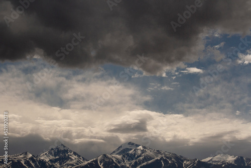 Alpine landscape. The Andes cordillera in South America. View of the Andes mountains with snowy peaks under a dramatic sky with beautiful clouds. photo