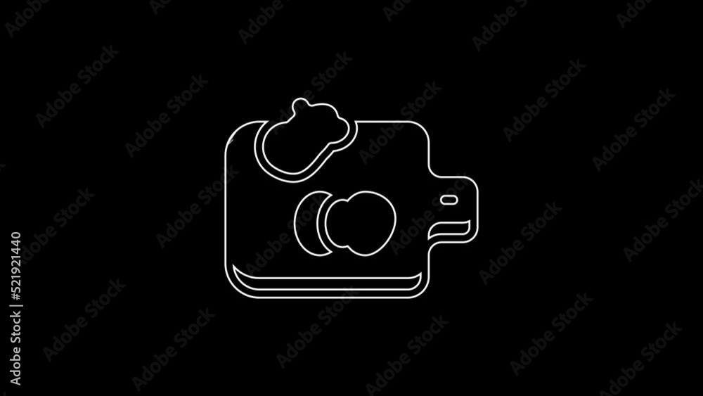 White line Cutting board with vegetables icon isolated on black background. Chopping Board symbol. 4K Video motion graphic animation White line Cutting board with vegetables icon isolated on black background. Chopping Board symbol. 4K Video motion graphic animation