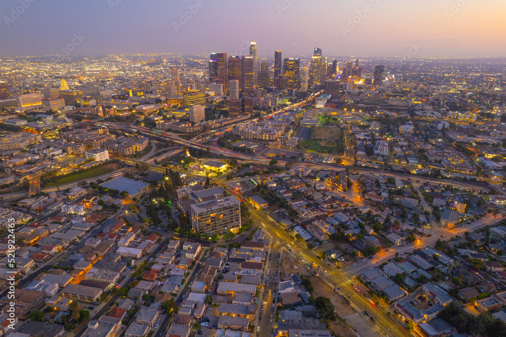 Naklejka premium Downtown Los Angeles At Sunset DTLA Aerial View
